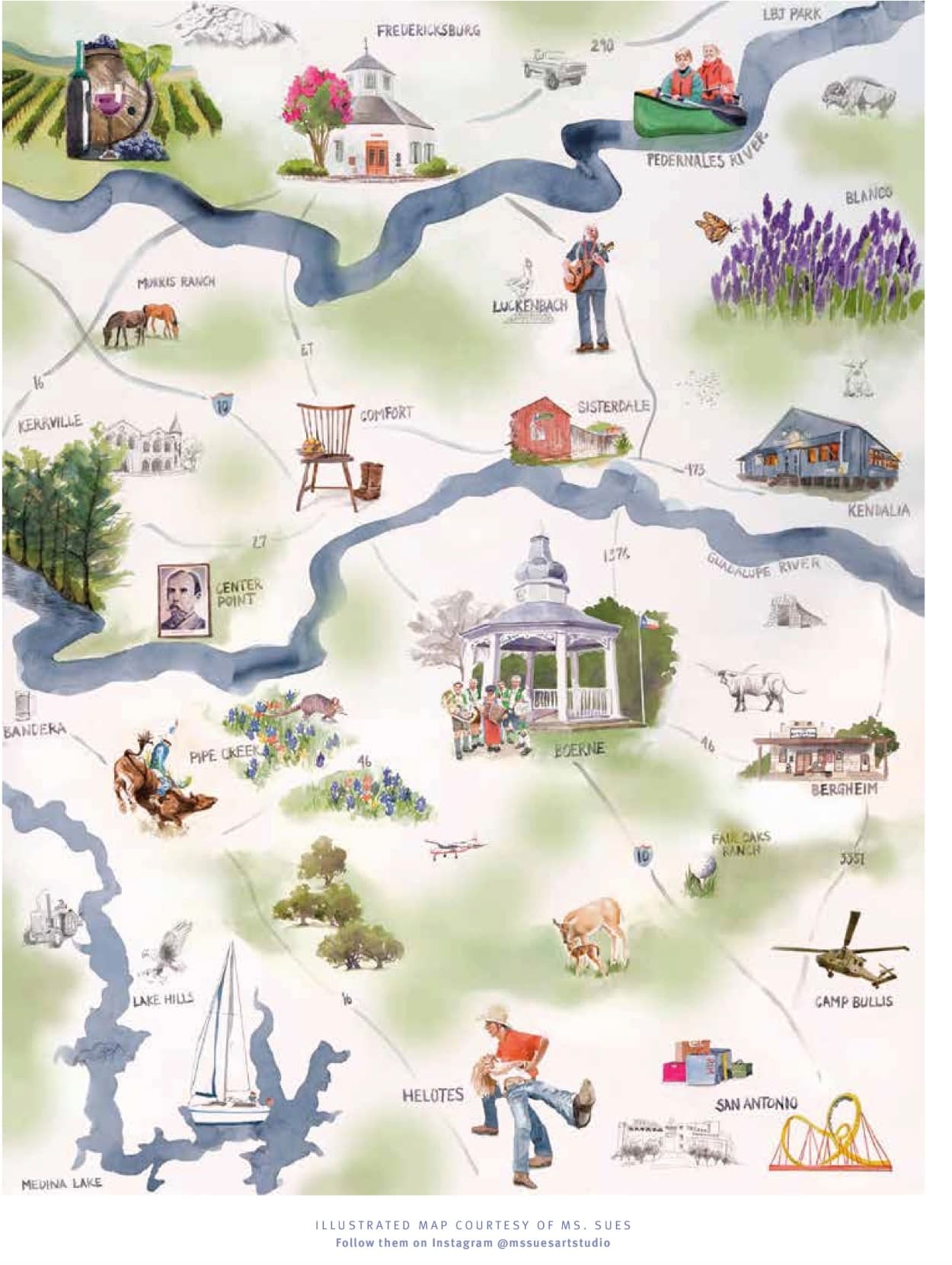 Illustrated Hill Country map by Ms. Sues. The drawing includes Boerne, Comfort, Fair Oaks Ranch, Bandera, Pipe Creek, Helotes, Camp Bullis, and other Hill Country towns.