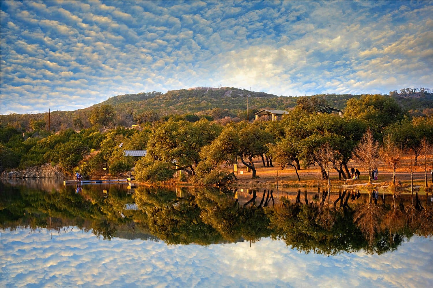 Live oaks and a low hill reflected in calm water under a bright, clouded sky, with a small dock at the left.